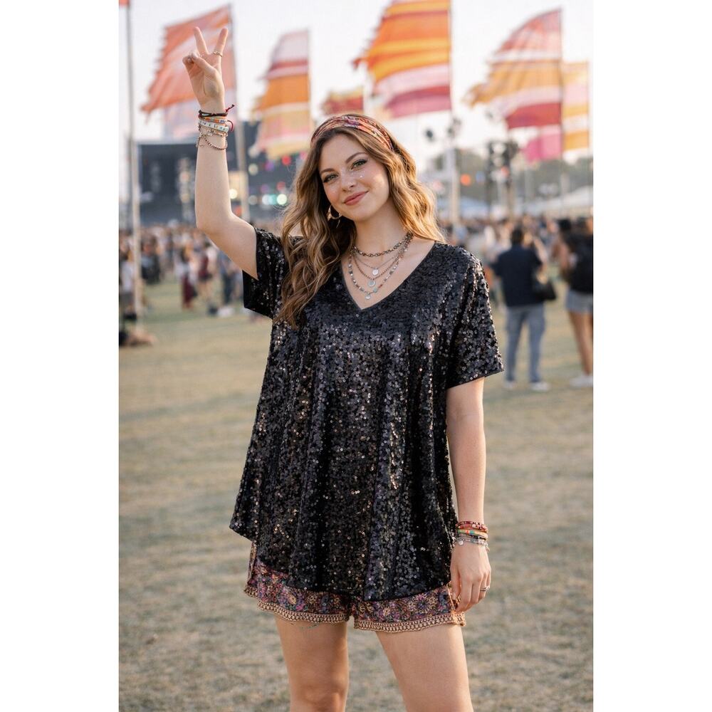 Roaman’s Womens 18 Tunic Blouse Black Sequin Chiffon Short Sleeve cruise vacay